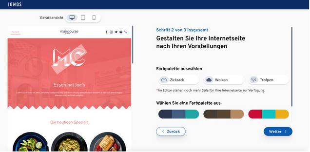 Der Web-Baukasten von Ionos bietet viele Designoptionen.