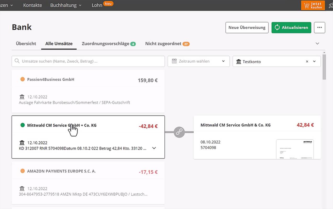 80 % aller Buchungen in 1 Sekunde Screenshot lexoffice Buchungsfunktion