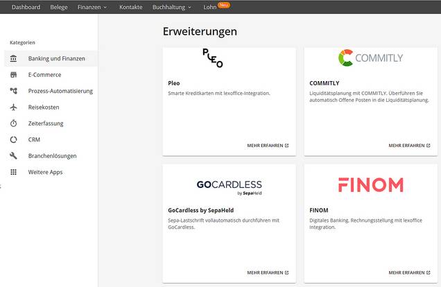 Erweiterungen für optimale Prozesse im Unternehmen Screenshot lexoffice Erweiterungen und Add-ons
