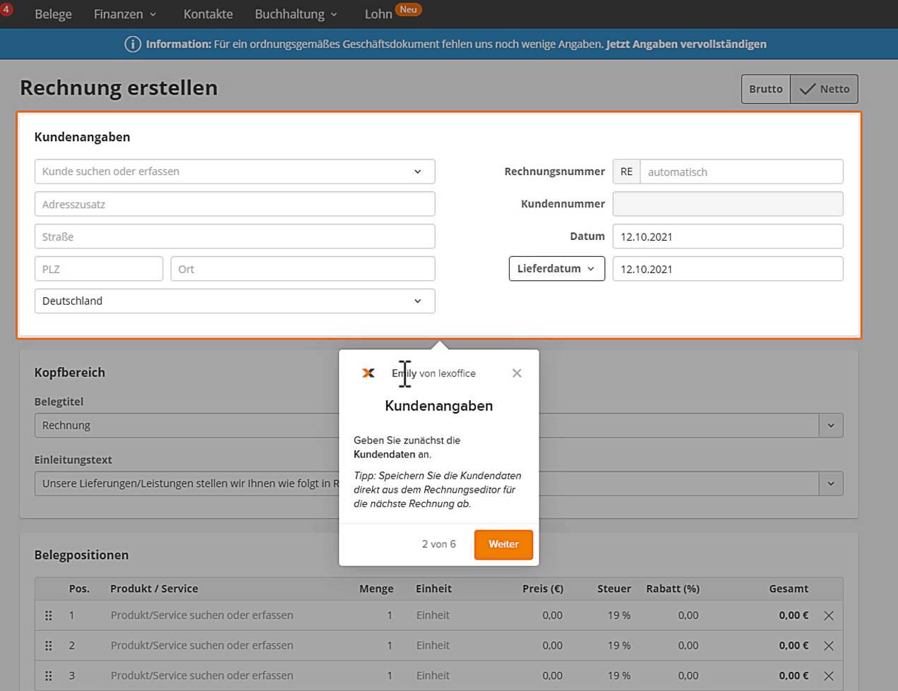 In 1 Minute zur Rechnung Screenshot Test lexoffice Rechnungsmodul