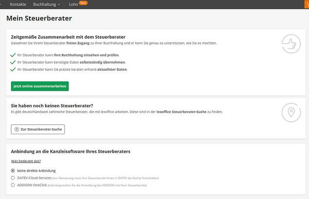 Perfekte Einbindung der Steuerkanzlei screenshot einbindung steuerberater bei lexoffice