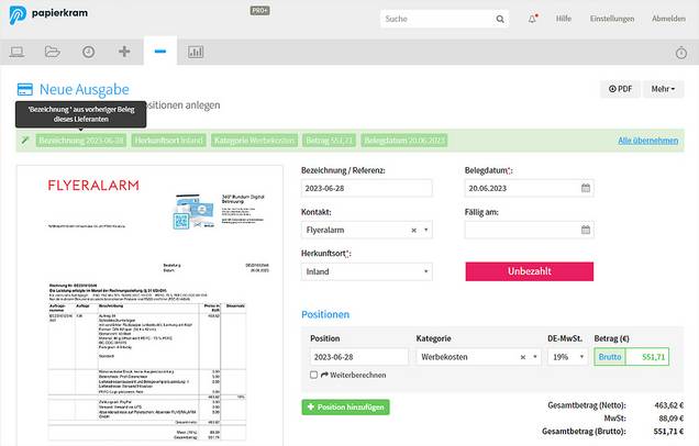 Ordentliche Belegbuchung Screenshot Belegbuchung