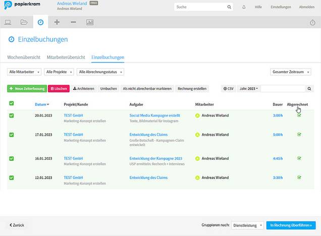 Mit einem Klick Zeiterfassungen abrechnen Screenshot Zeitabrechnung papierkram Buchhaltungssoftware