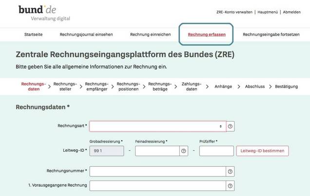 XRechnung erfassen auf ZRE-Webformular XRechnung beim Bund über Webformular erfassen