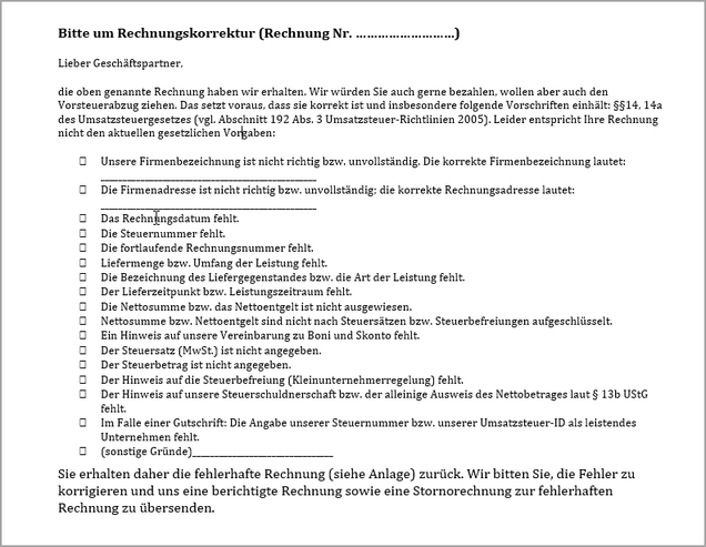Abbildung Musterschreiben einer Rechnungskorrektur