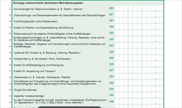 Teil 3: Unbeschränkt abziehbare sonstige Betriebskosten Anlage EÜR 2023: unbeschränkt abziehbaren Betriebskosten