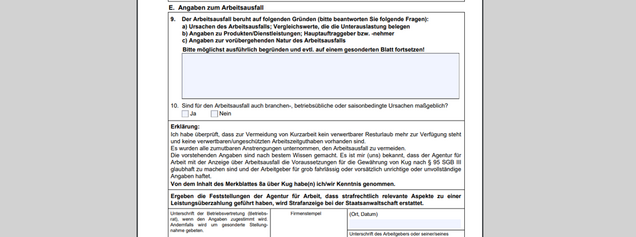 Formular: Anzeige Arbeitsausfall - Begründung