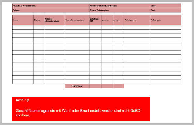 Typische Fahrtenbuchvorlage in Excel