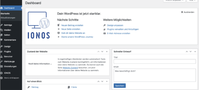 Das WordPress-Hosting-Dashboard bei IONOS ist abgebildet.
