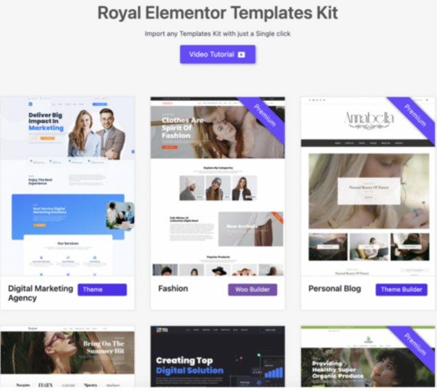 Das Template Kit von Elementor ist abgebildet.