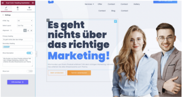 Eine Elementor Design-Vorlage ist in der Bearbeitung zu sehen.