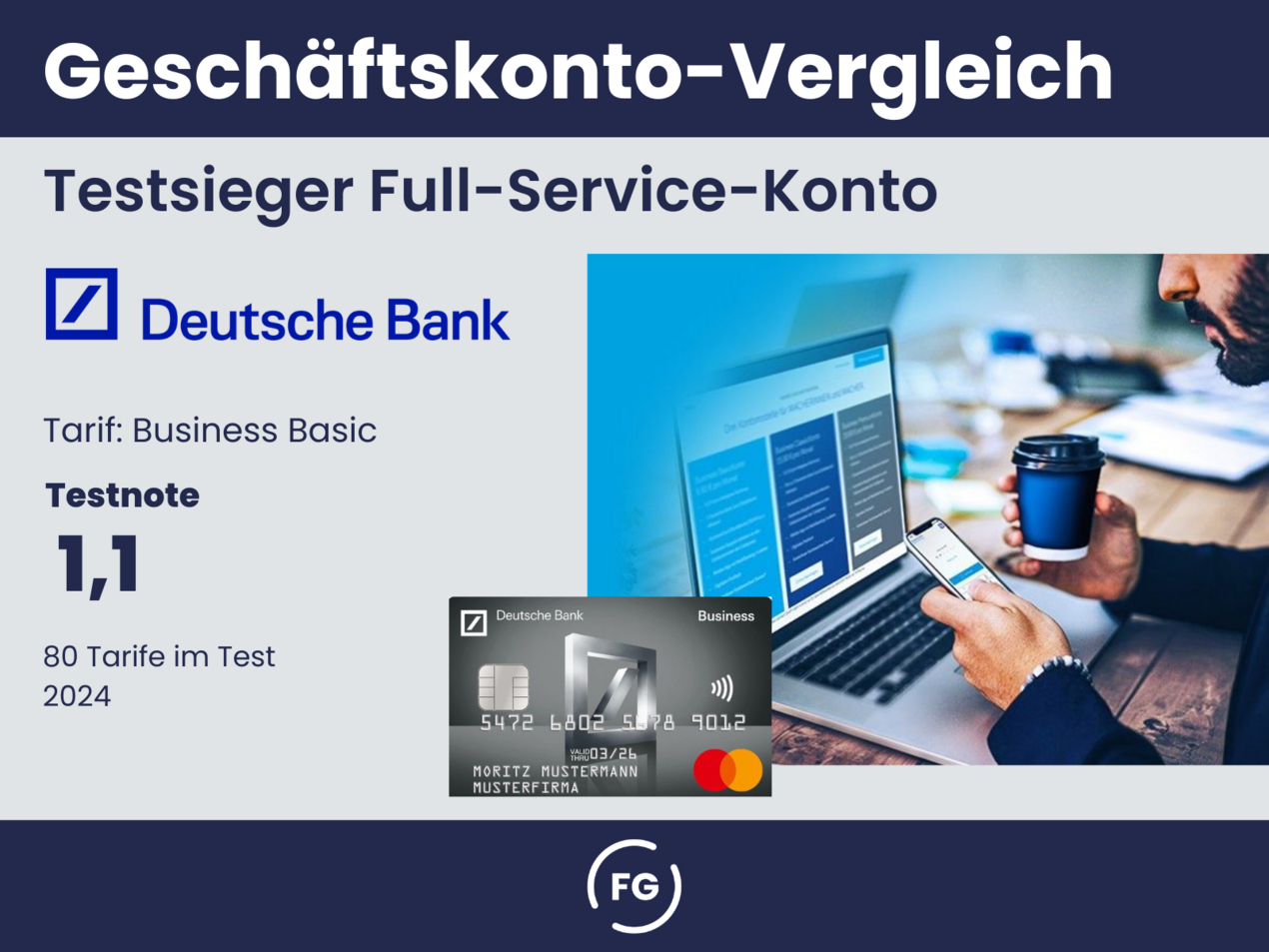 Mit dem Tarif Business Basic ist die Deutsche Bank Testsieger im Geschäftskonto-Vergleich in der Kategorie Full-Service-Konten.