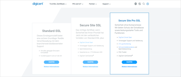 3 TLS/SSL-Zertifikate Screenshot SSL-Zertifikate von digicert