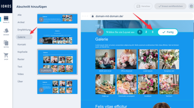 Mit dem Homepage-Baukasten von Ionos lässt sich eine eigene Bildgalerie erstellen.
