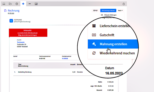1 Klick und die Mahnung ist raus Screenshot: elektronisches Mahnwesen mit Buchhaltungssoftware