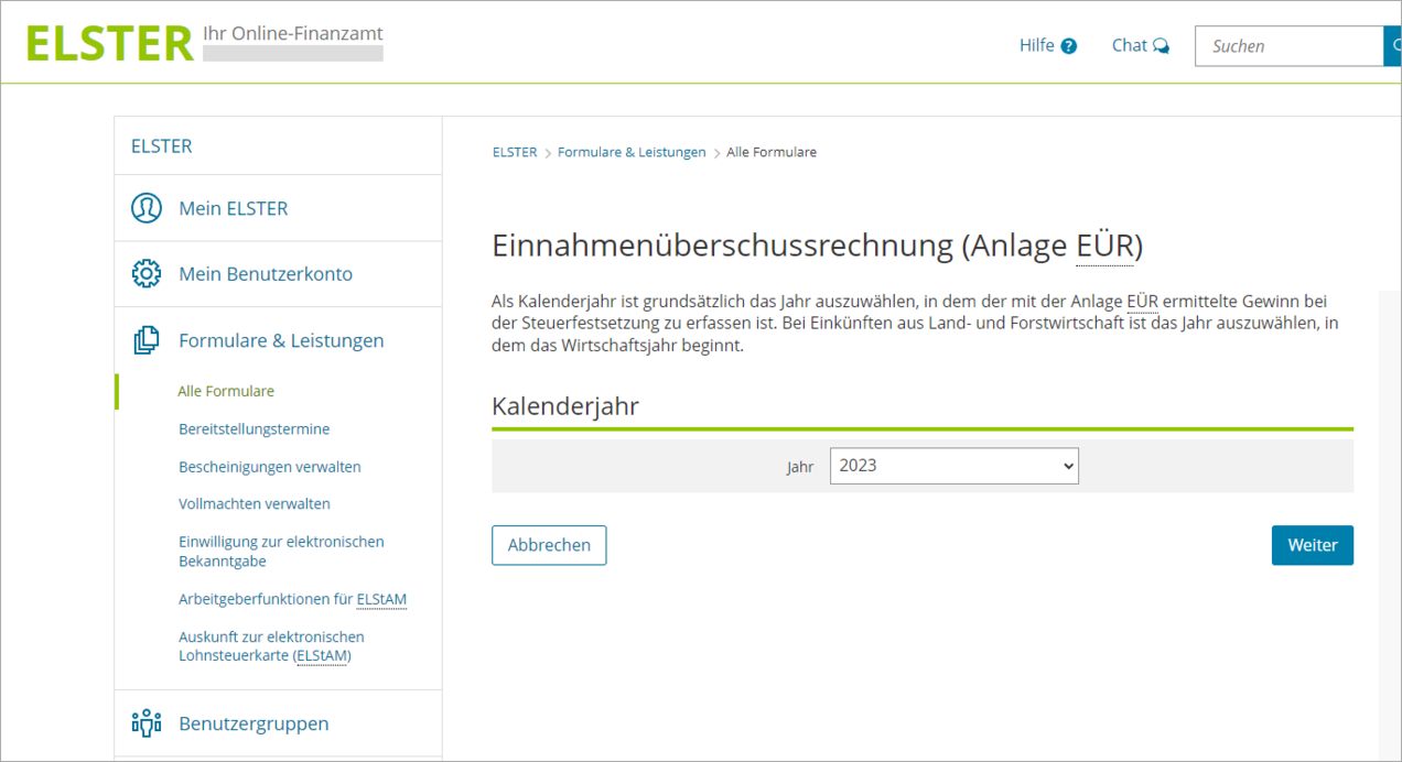 Anlage EÜR im ELSTER-Portal Anlage EÜR im ELSTER-Portal