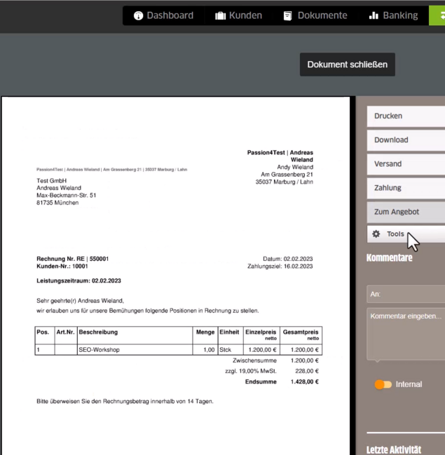 Hohe Funktionalität Screenshot Rechnungsprogramm FastBill