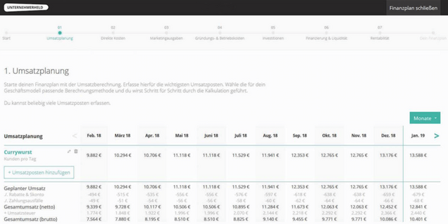 Screenshot: Der Finanzplan im Unternehmerheld Screenshot: Der Finanzplan im Unternehmerheld