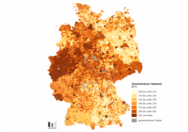 Die Höhe der Gewerbesteuer hängt vom Hebesatz ab Übersichtskarte der Hebesätze zur Gewerbesteuer in Deutschland