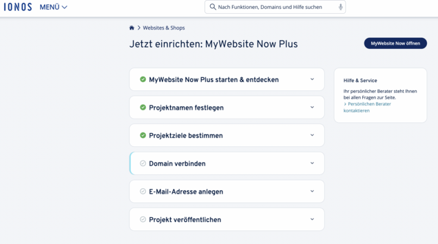 Der Onboarding-Prozess wird beim Web-Baukasten von IONOS Schritt für Schritt erklärt.