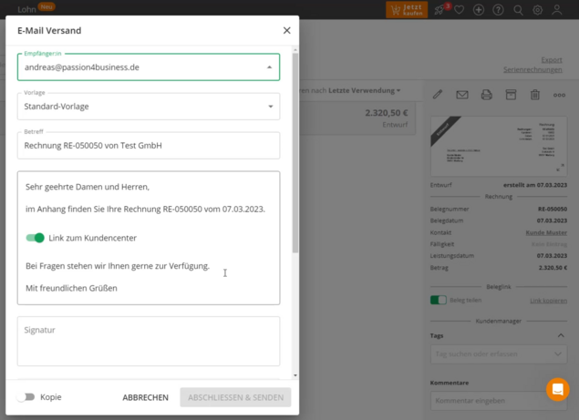 Screenshot Rechnungsmodul lexoffice