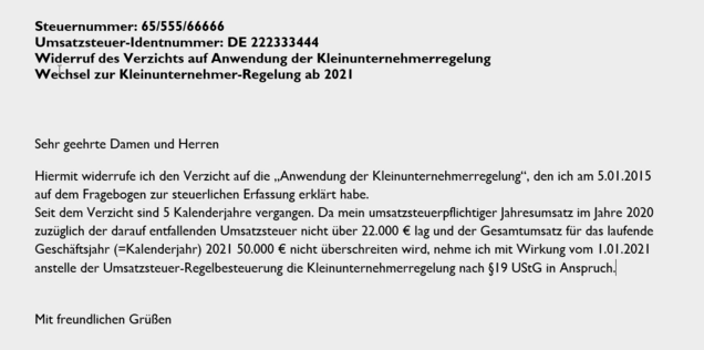 Rücktritt vom Verzicht auf die Kleinunternehmerregelung Screenshot Musterschreiben Rücktritt vom Verzicht auf die Kleinunternehmerregelung