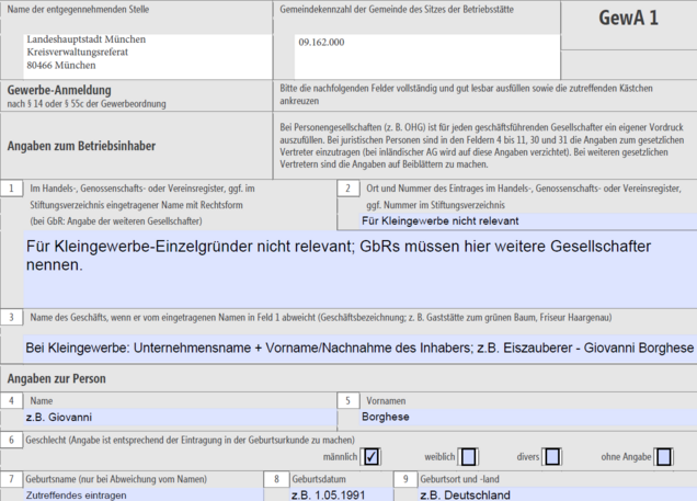 Die entscheidende Passage für das Kleingewerbe Screenshot: Kleingewerbe-Anmeldung vom Gewerbeamt München