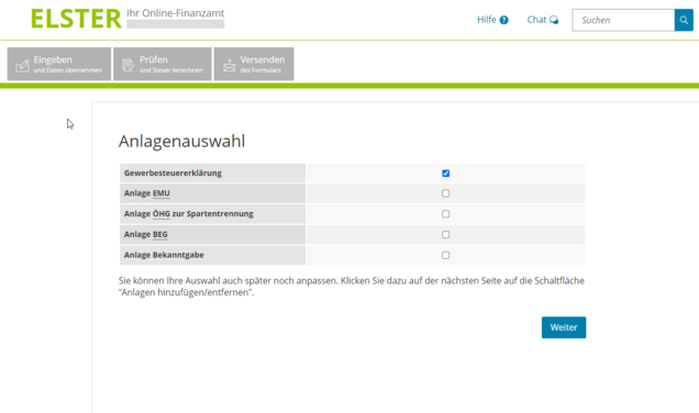 Screenshot Gewerbesteuererklärung ELSTER