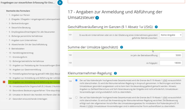 Kleinunternehmerregelung im steuerlichen Erfassungsbogen Screenshot: Kleinunternehmerregelung im steuerlichen Erfassungsbogen via DATEV