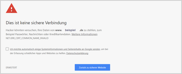Abschreckend für den User Screenshot unsichere Verbindung wegen fehlendem SSL-Zertifikat