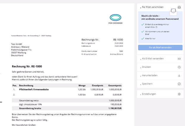 Rechnungsprogramm mit den meisten Versand-Optionen sevDesk Rechnungsprogramm Test: das Rechnungsmodul