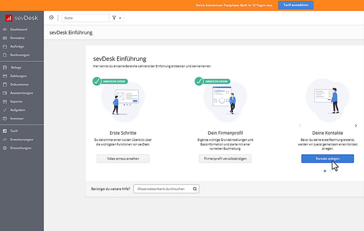 Ausgezeichnetes Onboarding Screencast Test sevdesk Onboarding