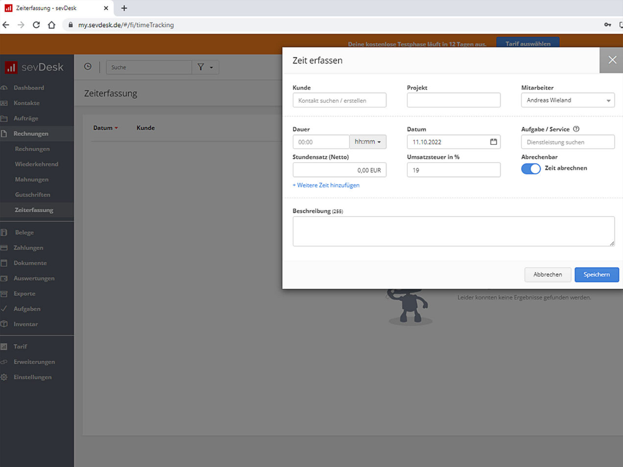 Arbeitszeiten abrechnen sevDesk Test: Screecast Arbeitszeiten abrechnen