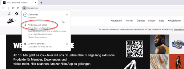 Einfach auf das Schloss-Symbol klicken Screenshot: Sicherheitscheck bei einer Website