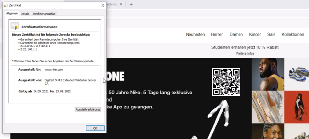 Screenshot: Check SSL-Zertifikat bei einer Website