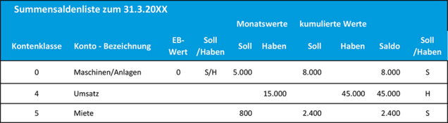 So sehen Zeilen einer SuSa aus! Summen und Saldenliste - Beispiel für Zeilen
