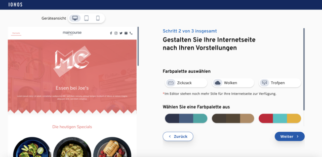 Mit den Webdesign-Vorlagen des Web-Baukastens von Ionos ist es möglich, zwischen unterschiedlichen Farbpaletten zu wählen.