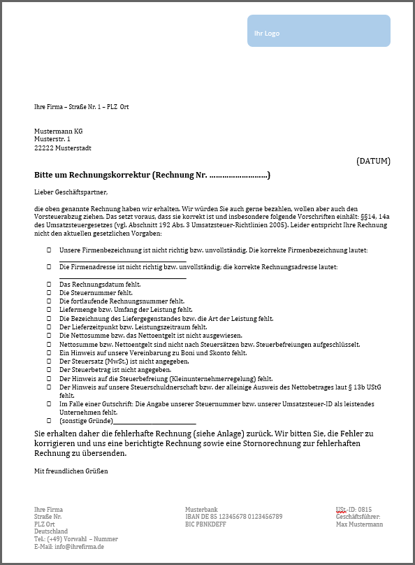 Musterschreiben Rechnungskorrektur Musterschreiben Rechnungskorrektur